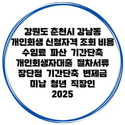 강원도 춘천시 강남동 개인회생 신청자격 조회 비용 수임료 | 파산 | 기간단축 | 개인회생자대출 | 절차서류 | 장단점 | 기간단축 | 변제금 미납 | 청년 | 직장인 2025