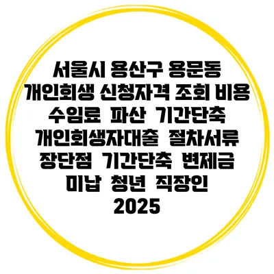 서울시 용산구 용문동 개인회생 신청자격 조회 비용 수임료 | 파산 | 기간단축 | 개인회생자대출 | 절차서류 | 장단점 | 기간단축 | 변제금 미납 | 청년 | 직장인 2025