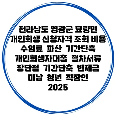 전라남도 영광군 묘량면 개인회생 신청자격 조회 비용 수임료 | 파산 | 기간단축 | 개인회생자대출 | 절차서류 | 장단점 | 기간단축 | 변제금 미납 | 청년 | 직장인 2025