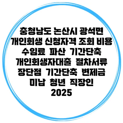충청남도 논산시 광석면 개인회생 신청자격 조회 비용 수임료 | 파산 | 기간단축 | 개인회생자대출 | 절차서류 | 장단점 | 기간단축 | 변제금 미납 | 청년 | 직장인 2025